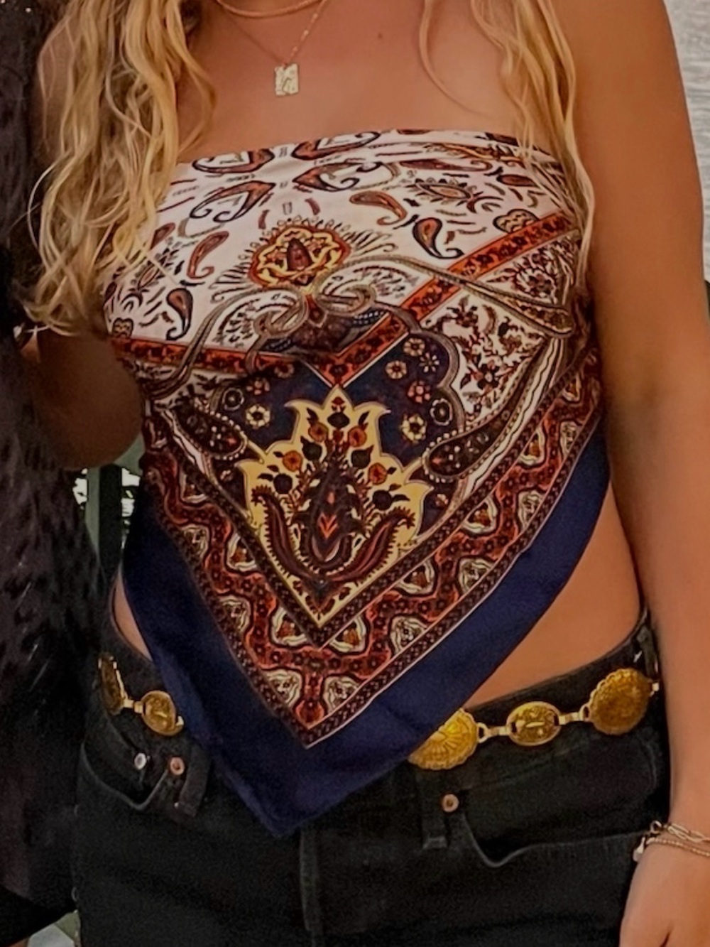 Urban Outfitters Navy Paisley Silk Scarf with Rust and Cream Accents
